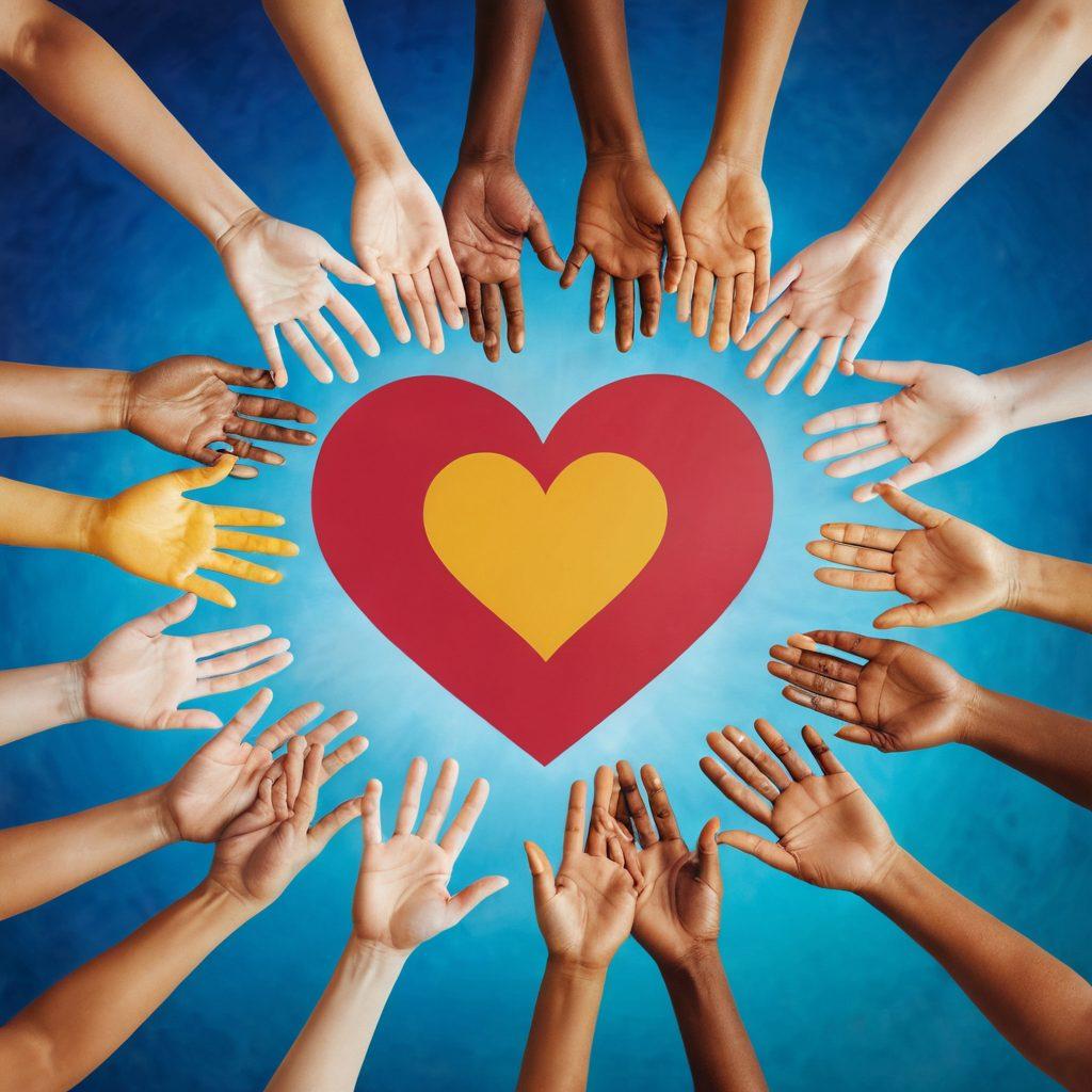 A warm-hued collage depicting diverse people engaging in acts of kindness, such as donating items, participating in support groups, and sharing smiles. In the background, a heart-shaped symbol made of hands represents unity and compassion. Soft light filters through, adding an uplifting ambiance. Paint the scene with a touch of realism to evoke emotion and connection. vibrant colors. soft focus.