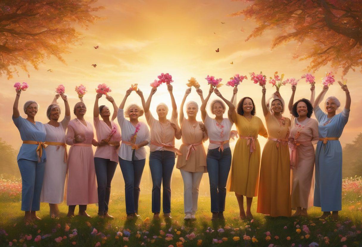 A powerful image depicting a diverse group of cancer survivors triumphantly standing together, each holding symbols of hope such as flowers and ribbons. The background features a warm sunset casting golden light, symbolizing resilience and healing. Include elements of nature like blooming trees and butterflies for a sense of renewal. The overall mood should radiate positivity and strength. vibrant colors. super-realistic. warm lighting.