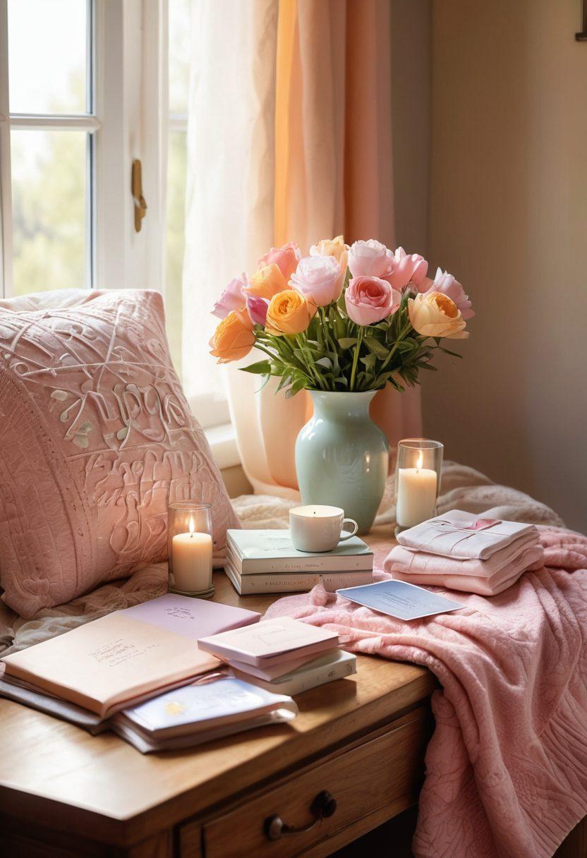 A serene and comforting scene depicting a cozy room filled with thoughtful gifts for cancer patients, including a selection of colorful blankets, soft pillows, and heartfelt cards. In the background, a window lets in warm sunlight, symbolizing hope and healing. A small table displays a vase of fresh flowers, representing support and love. The atmosphere radiates warmth and compassion. super-realistic. soft pastel colors. uplifting ambiance.